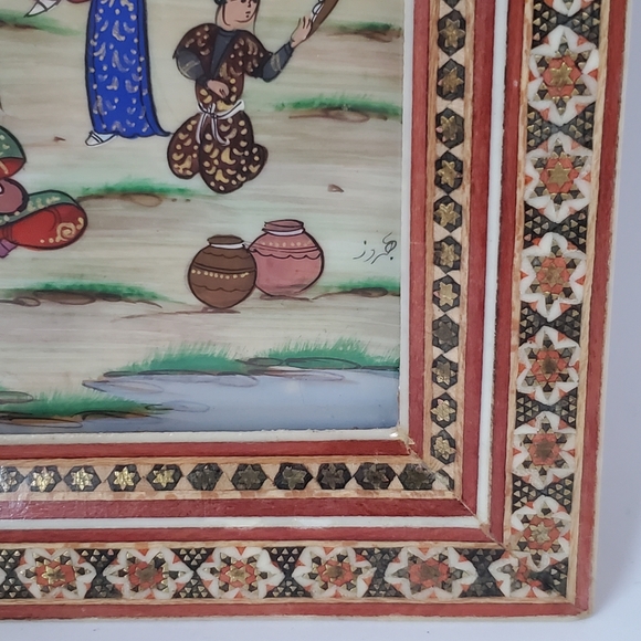 Vintage Iranian Persian Painting Hunting Scene Musicians Khatam Marquetry Frame - Picture 7 of 13